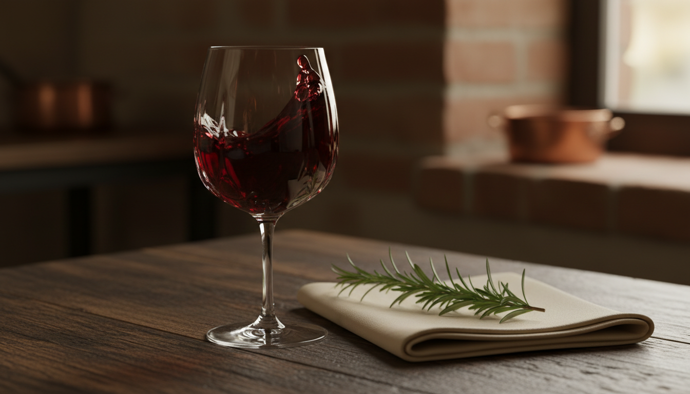 Atmosfera intima del bistro con calice di vino rosso