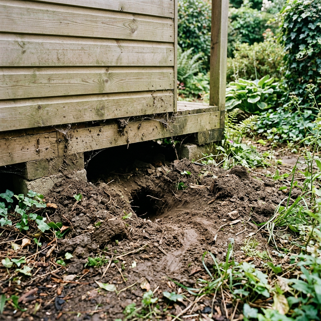 Gap at the base of a raised garden building showing disturbed soil from burrowing — an unprotected sub-base void accessible to rodents
