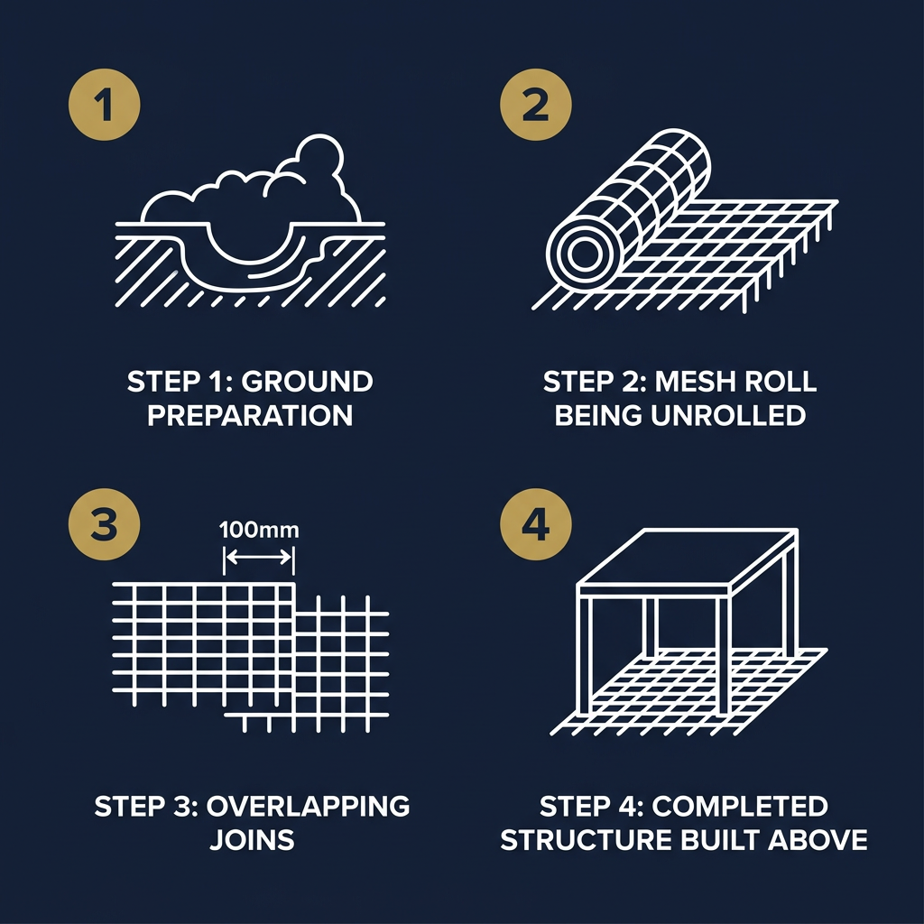 Step-by-step installation diagram for sub-base rodent barrier: ground preparation, mesh deployment, overlapping joins at 100mm, structure built above
