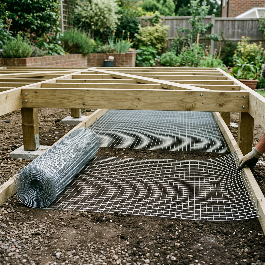 Welded wire mesh sub-base barrier being unrolled flat beneath raised timber floor joists during garden structure installation