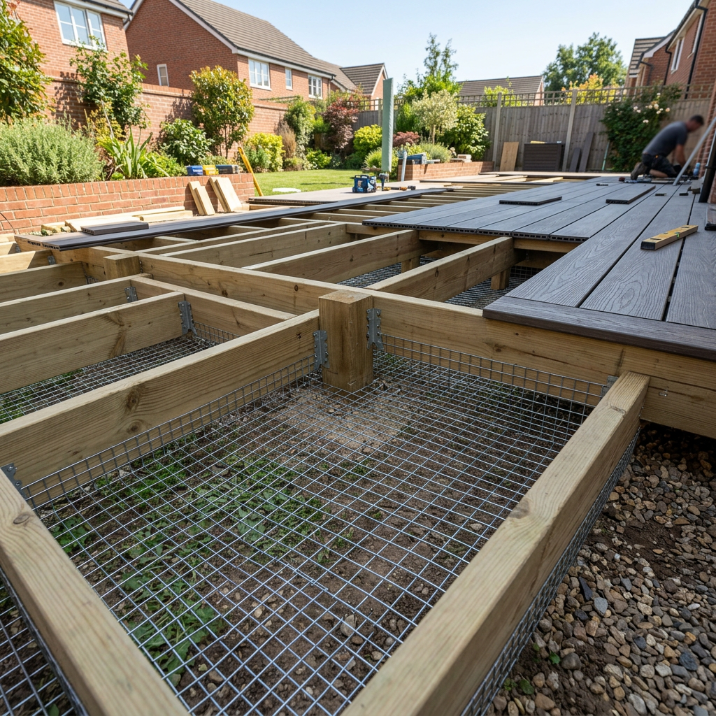 Galvanised welded wire mesh barrier installed beneath composite decking structure showing mesh coverage at ground level