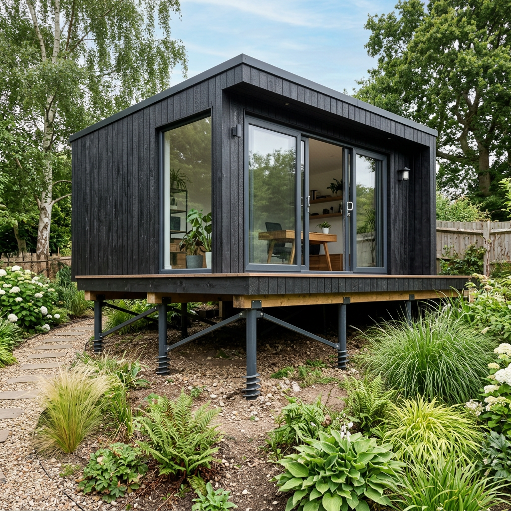 Modern garden office on screw pile foundations showing the raised floor and open sub-base void beneath — the area BaseShield sub-base barrier protects