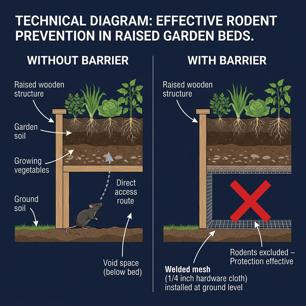 Before and after diagram showing raised structure sub-base: without barrier rodent accesses void, with welded mesh barrier and red X indicating no rodent access