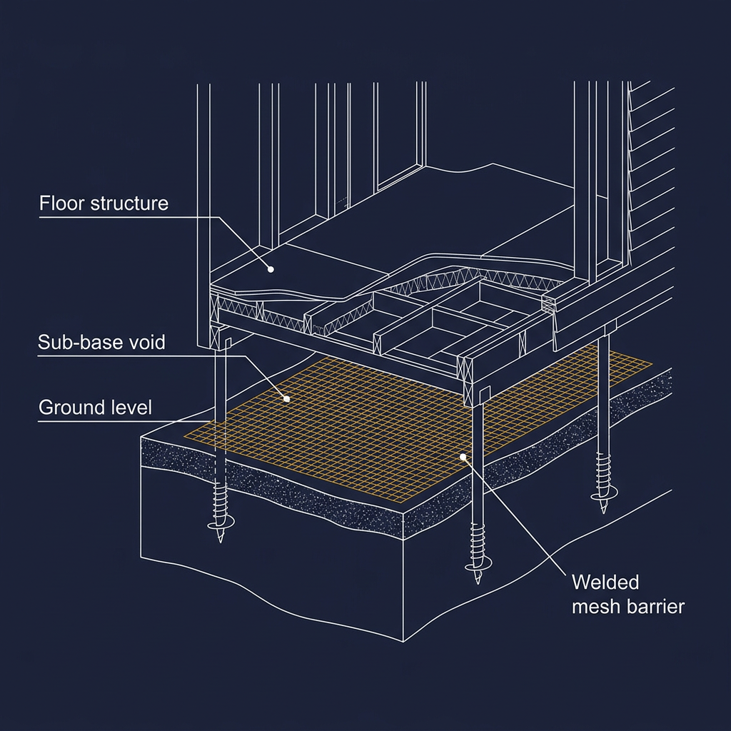 Cross-section diagram showing raised garden structure on screw pile foundations with welded mesh sub-base barrier at ground level preventing rodent access