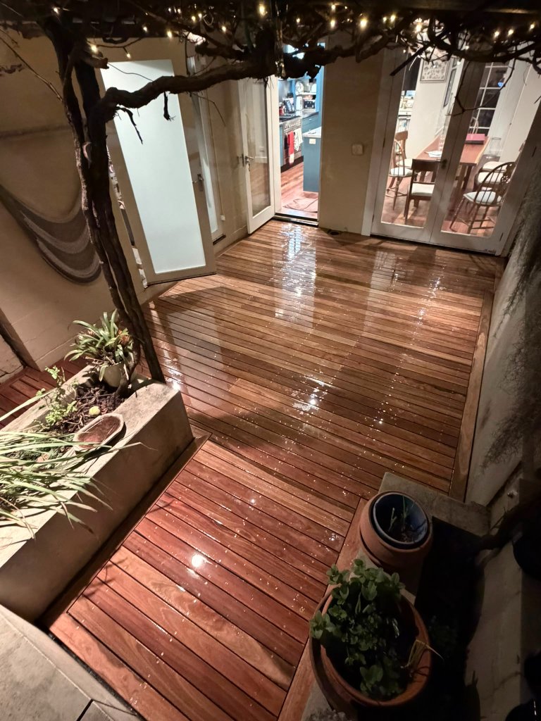 Spotted Gum deck from above French doors open