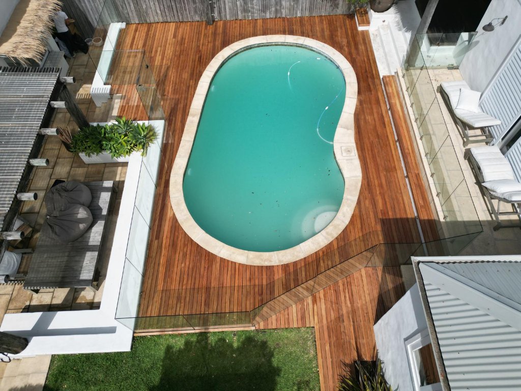 Blackbutt pool decking Sydney - aerial drone view showing full pool surround