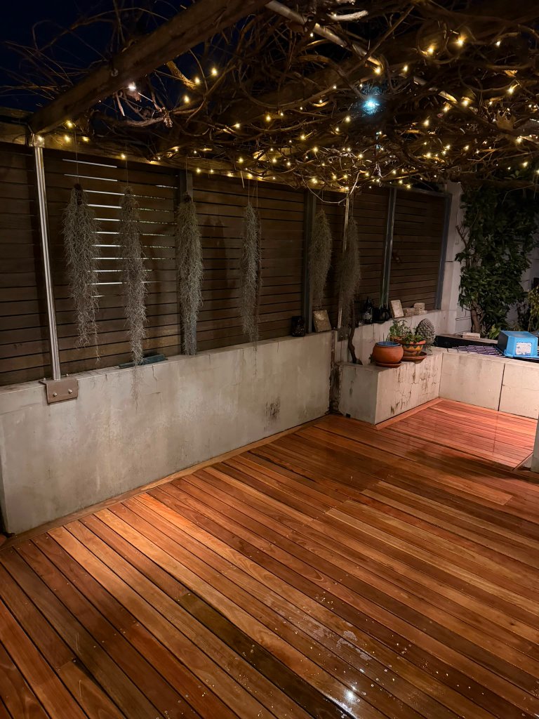 Courtyard hardwood deck with fairy lights Surry Hills