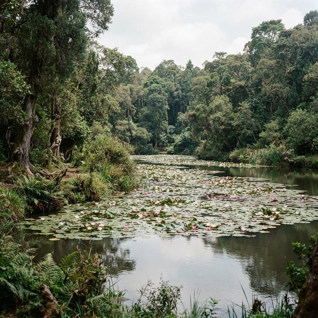 Lily-covered lake at Chagaik Arboretum in Kericho