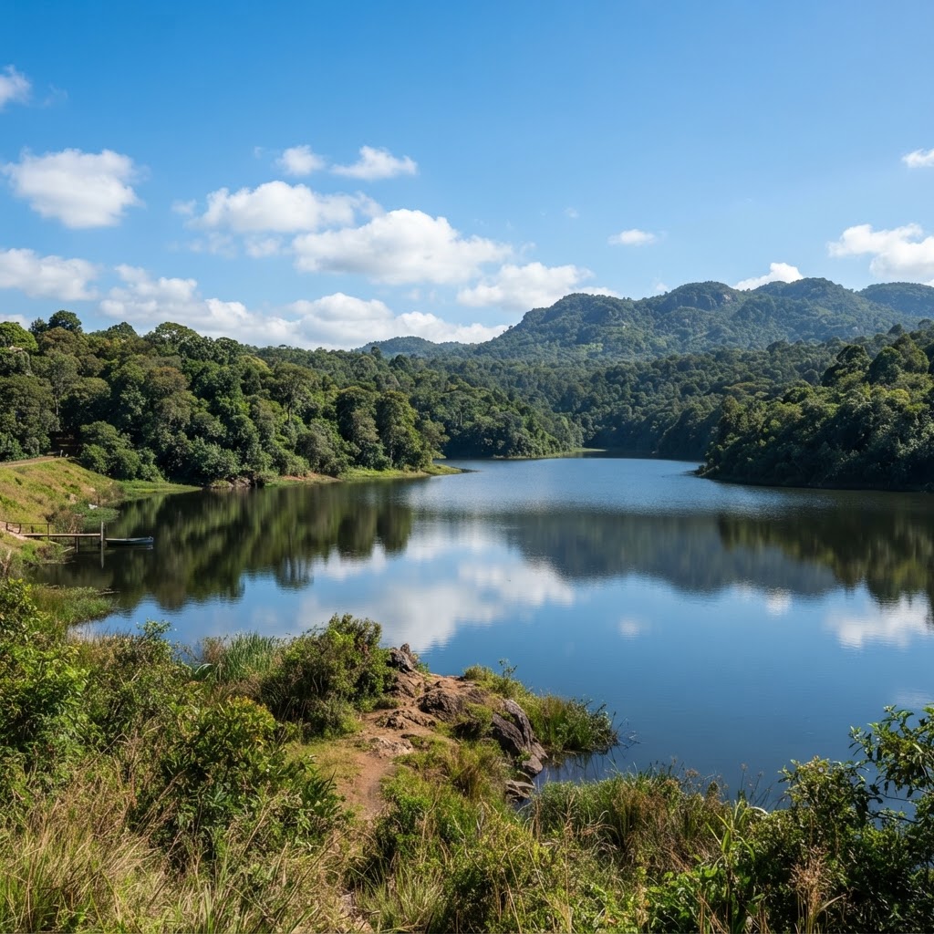 Serene view of Chebara Dam surrounded by lush green forests