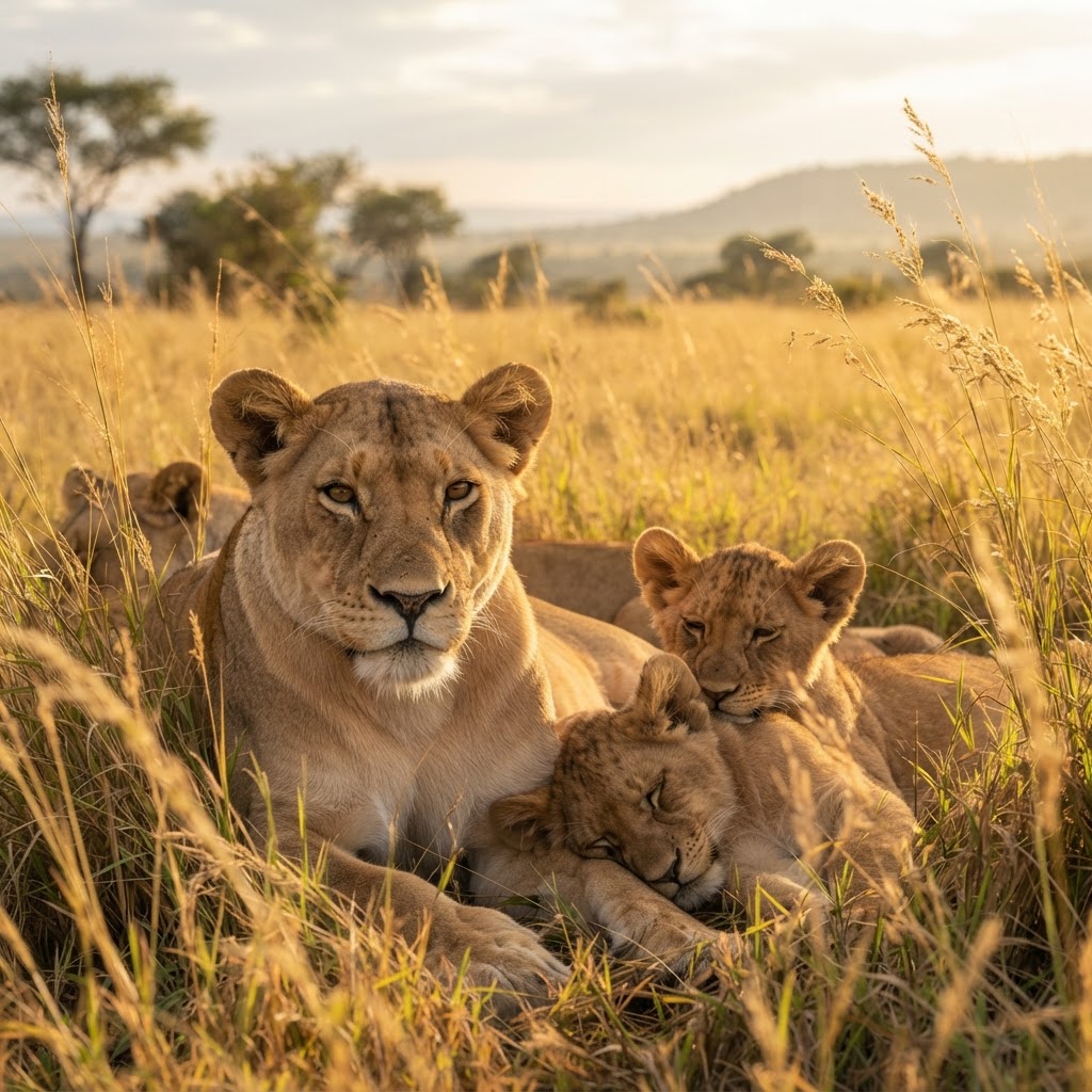 Lions resting in the lush landscape of the Mara North Conservancy.