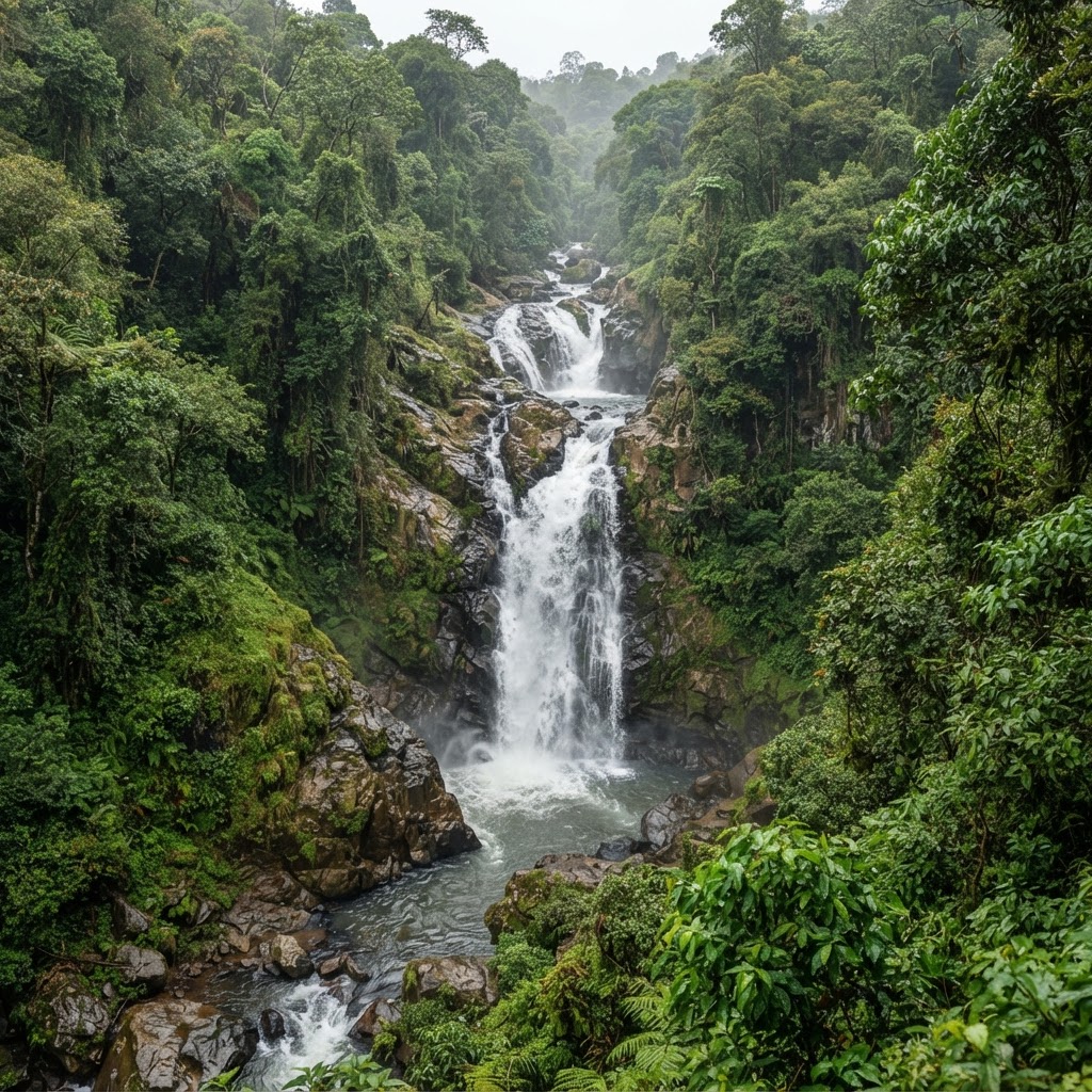 The beautiful Thuchi River waterfall flowing through a green forest