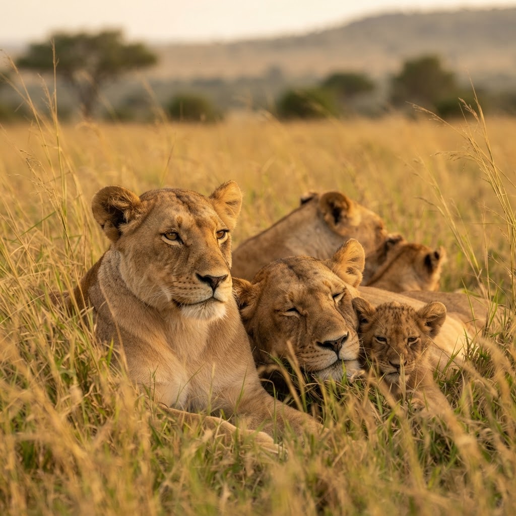 Lion pride resting peacefully in the Masai Mara savannah