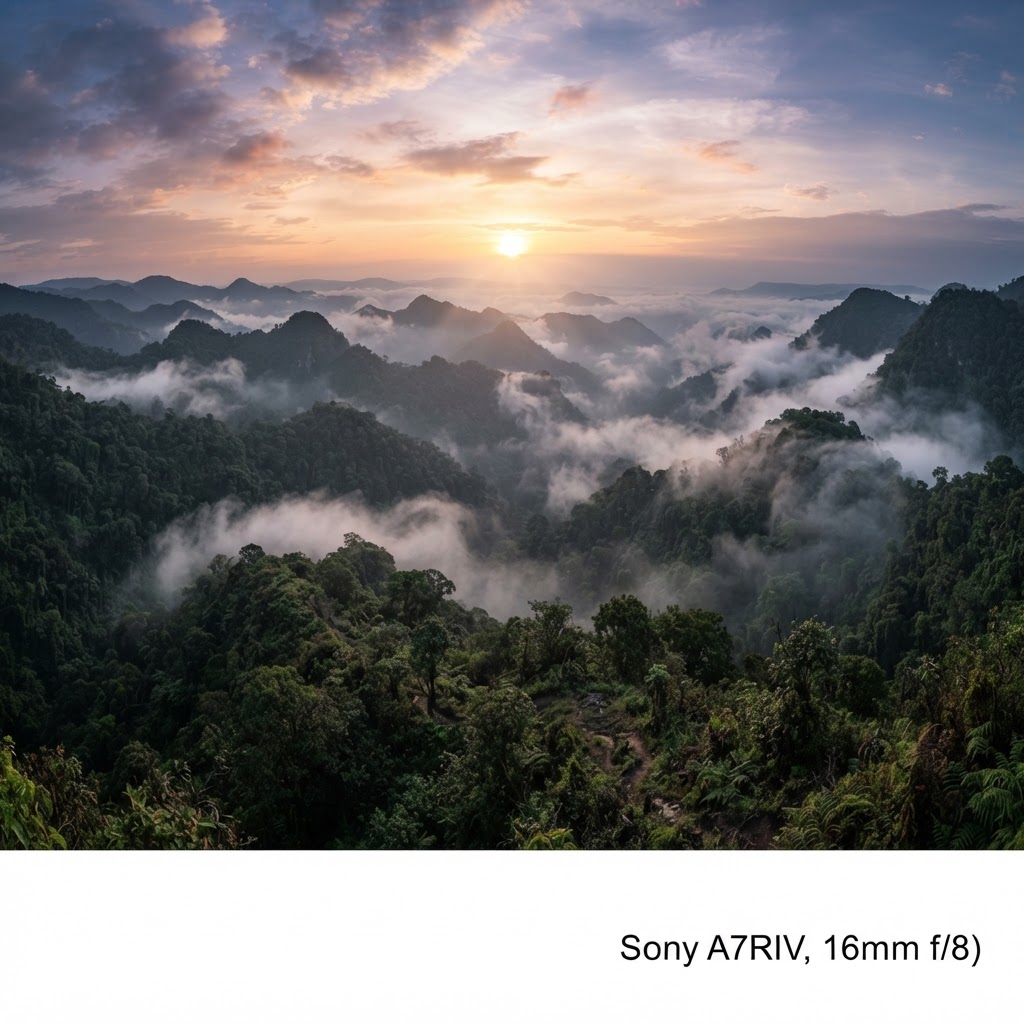 Scenic sunrise view over the lush mountain landscape of Bwindi Impenetrable National Park.