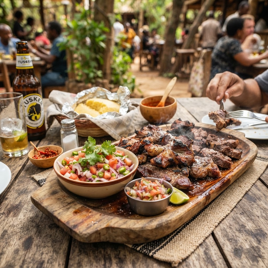 Traditional Kenyan Nyama Choma meal served in Naivasha.