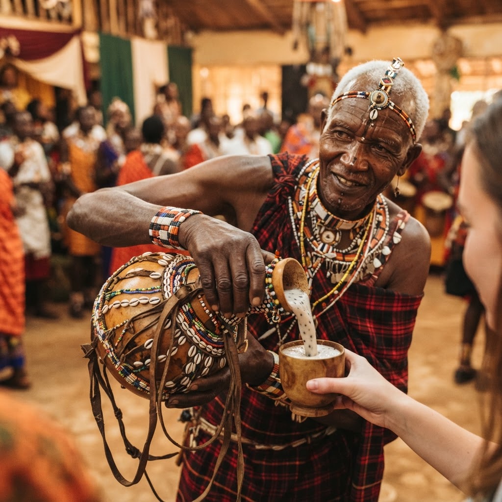 Kalenjin elder serving traditional Mursik in a decorated gourd