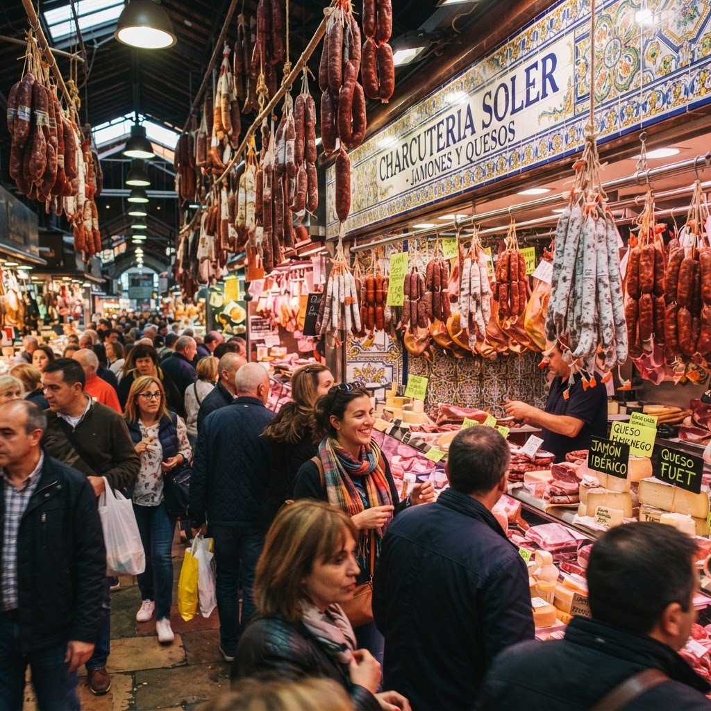 Narrow bustling walkways inside the historic Boqueria market