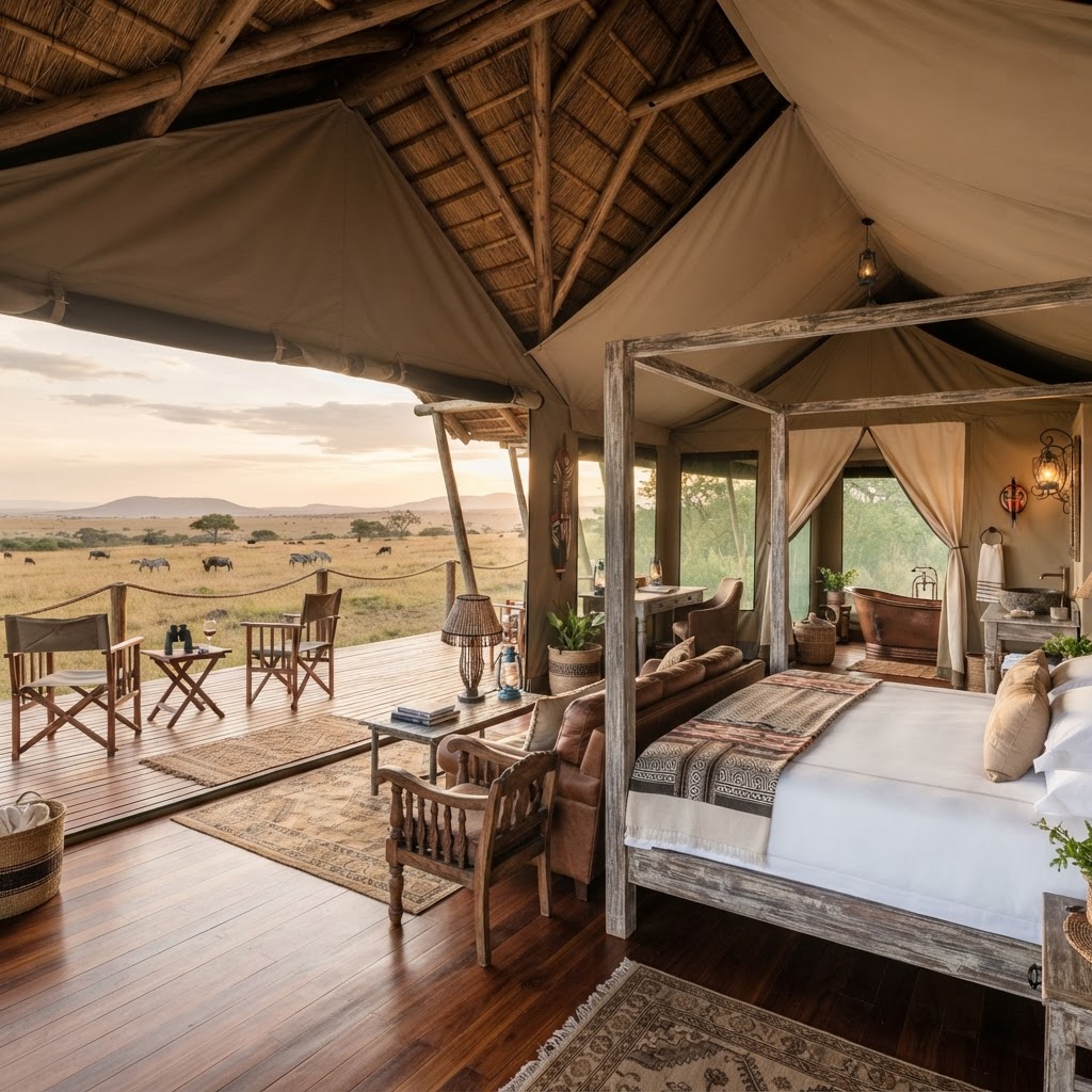 Luxury sustainable tented accommodation overlooking the Masai Mara plains.