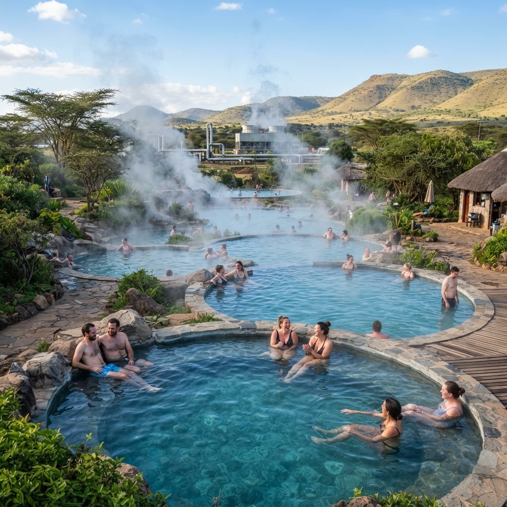 Relaxing in the Olkaria Geothermal Spa near Mount Longonot.