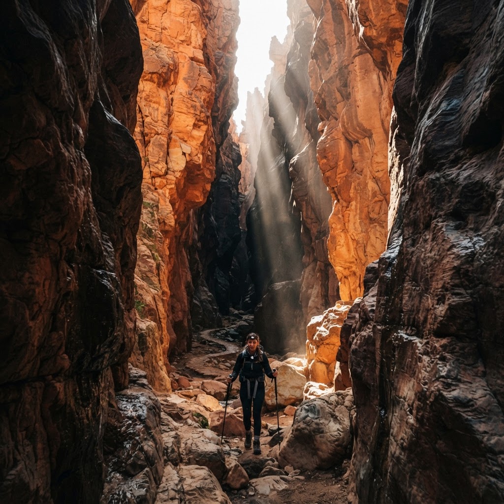 Exploring the narrow cliffs of Hell's Gate Gorge.