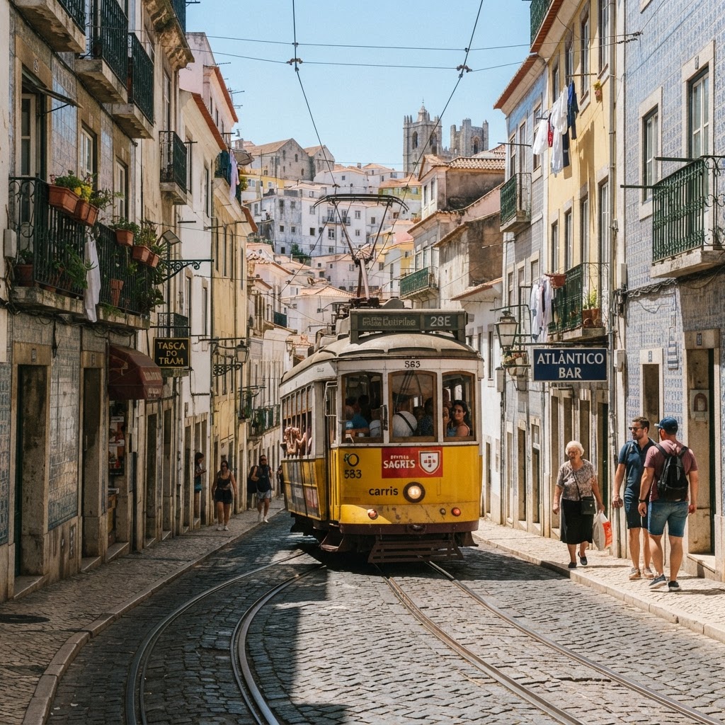 Iconic yellow tram in the streets of Lisbon