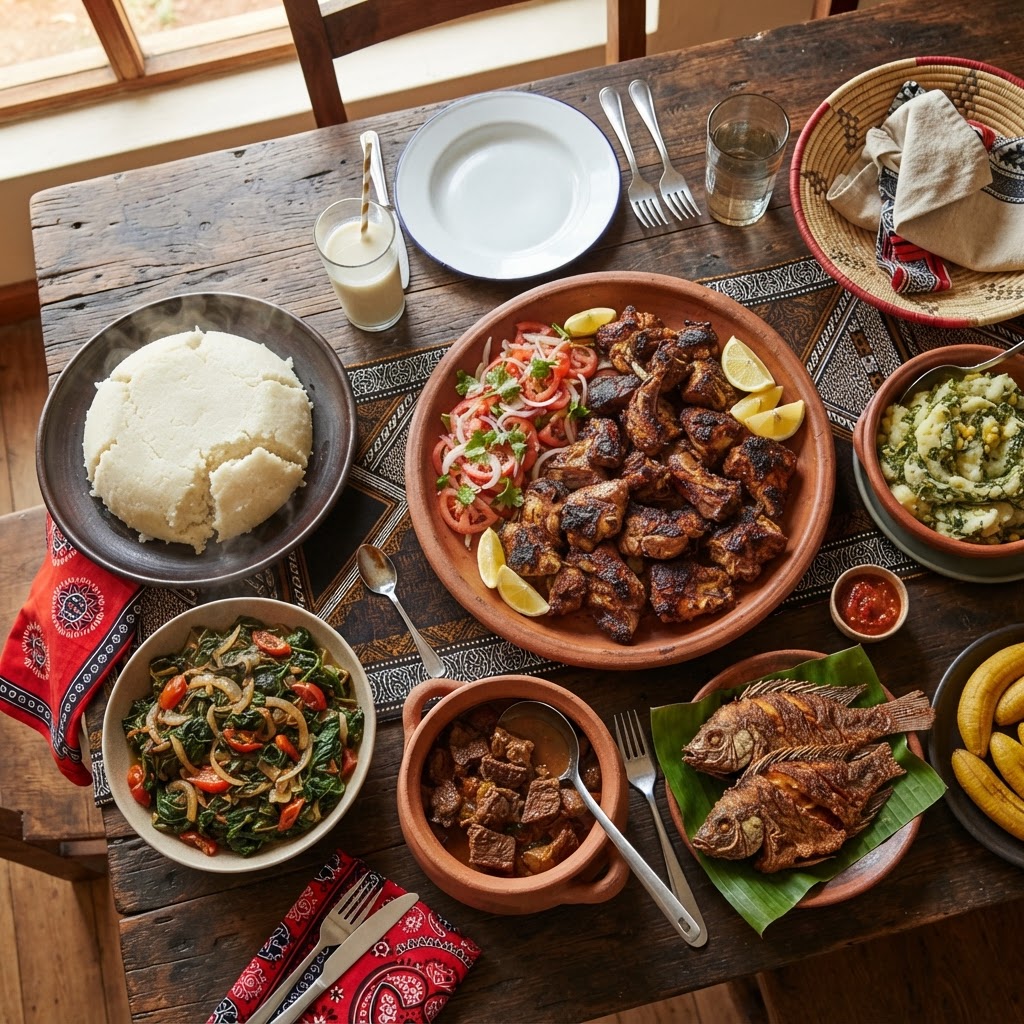 Traditional Kenyan food like nyama choma and ugali