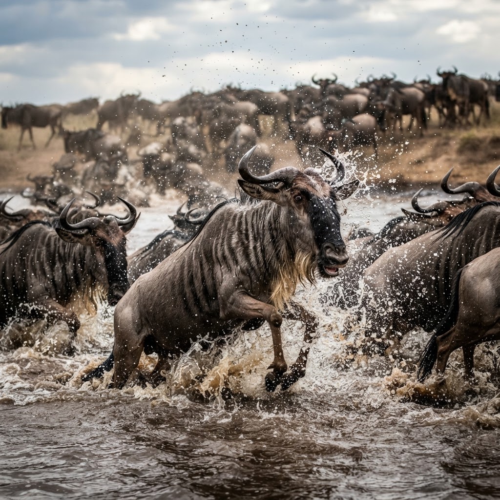 Wildebeest herd crossing the river during the Great Migration.