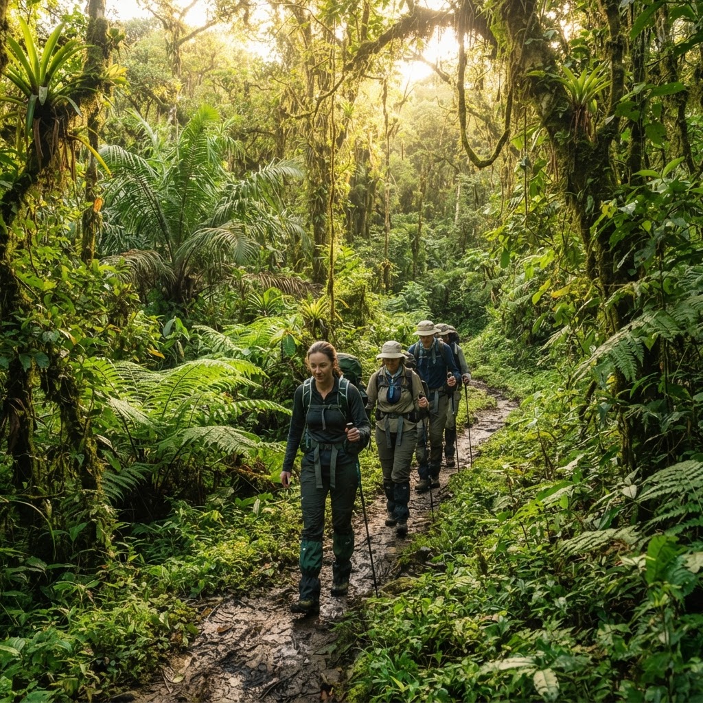 Travelers hiking through the dense Bwindi Impenetrable forest during a gorilla trek.