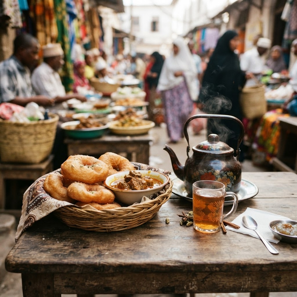 Authentic Swahili food served in a traditional Mombasa restaurant.