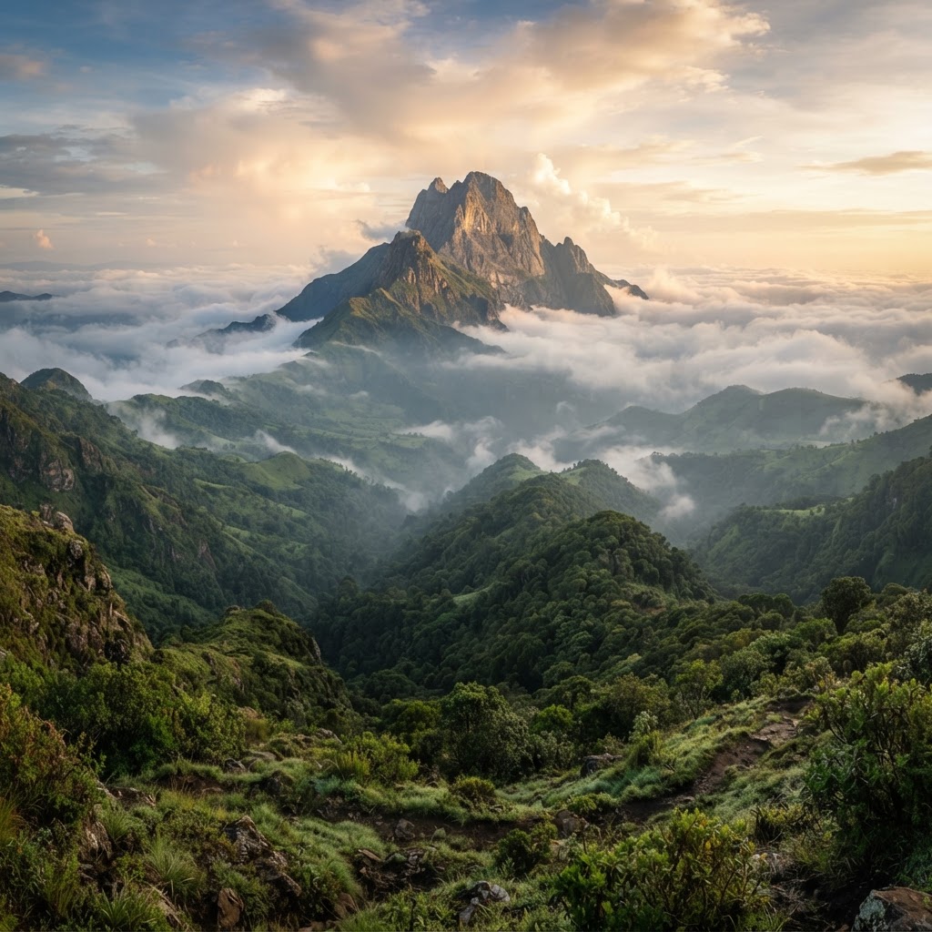 The majestic peak of Mount Mtelo rising above the misty Cherangani Hills
