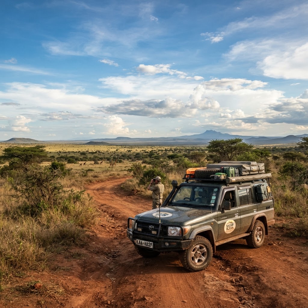 A 4x4 vehicle traveling through the remote wilderness of Tana River County, Kenya.