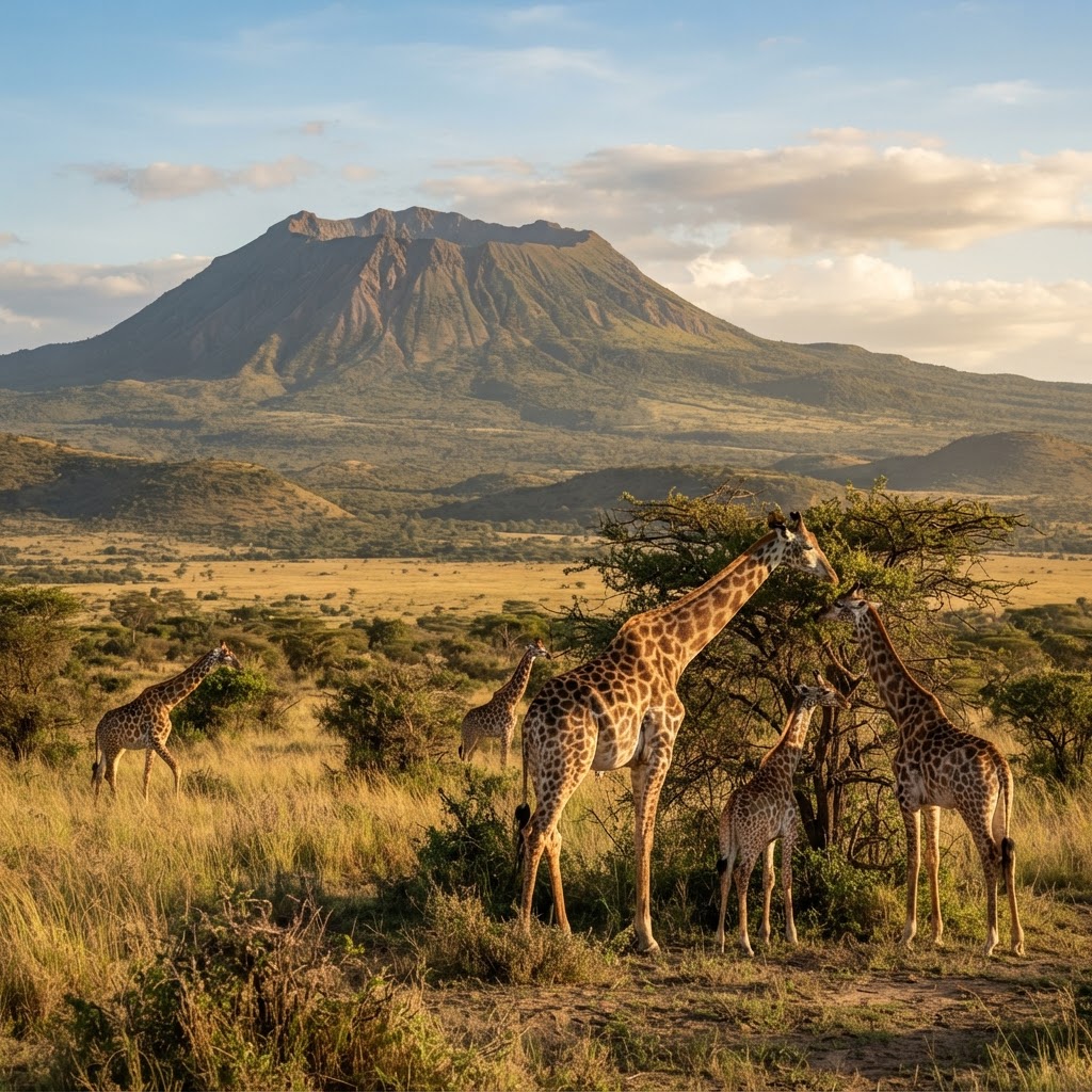 Giraffes grazing near the base of Mount Longonot in the Rift Valley.