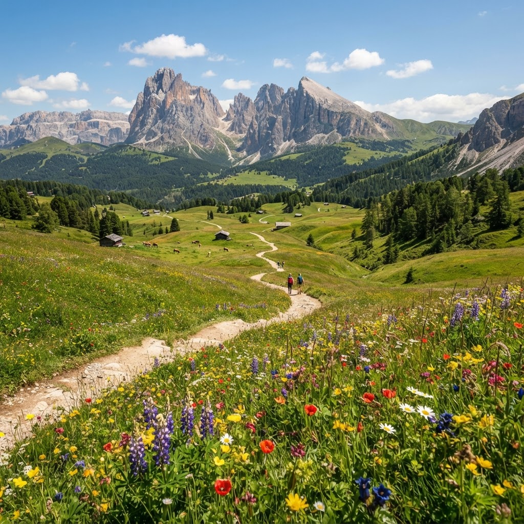 Hiking trail leading through the scenic Dolomites mountains
