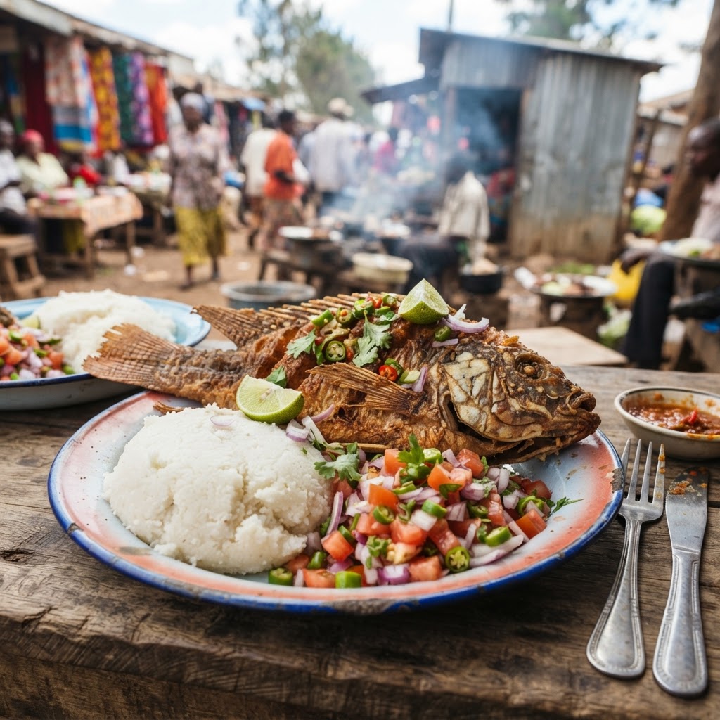 Deep-fried Lake Naivasha tilapia at Karagita market