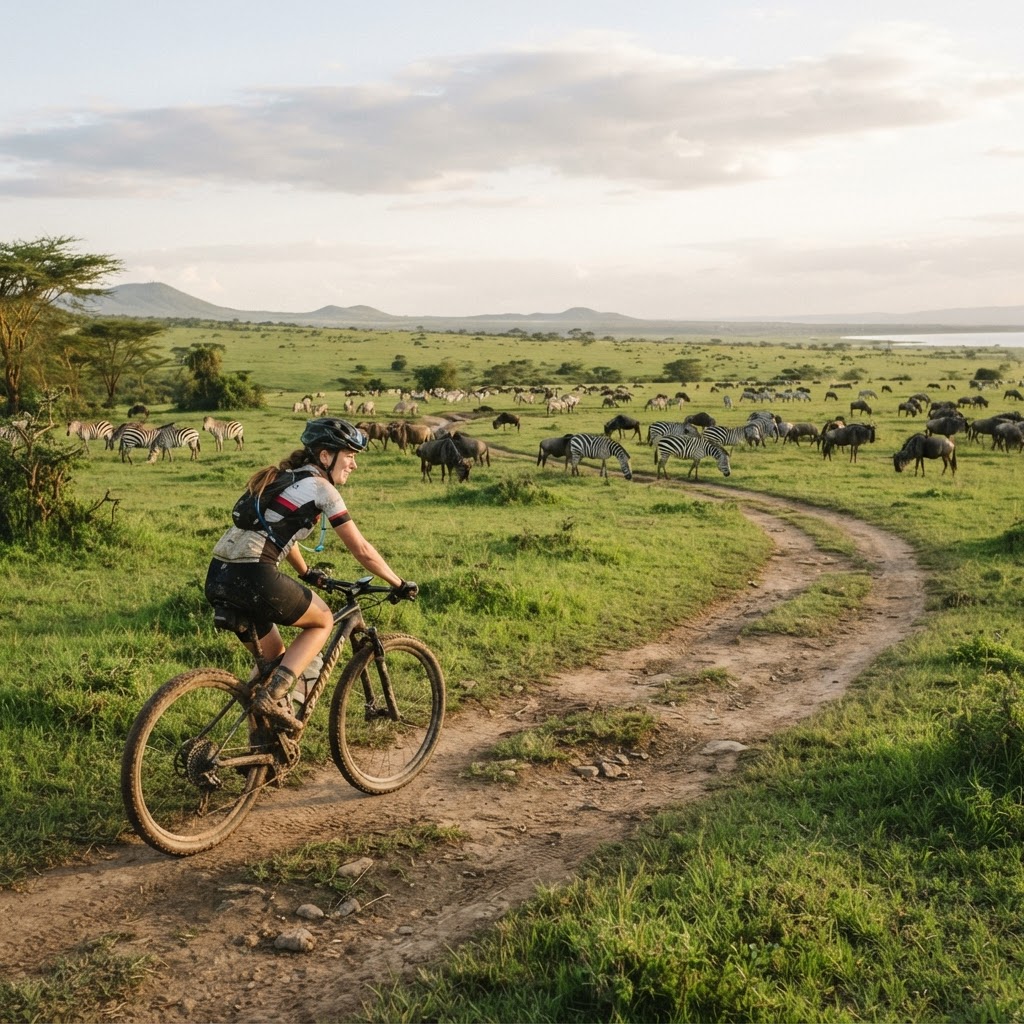 Cycling near zebras on Moi South Lake Road