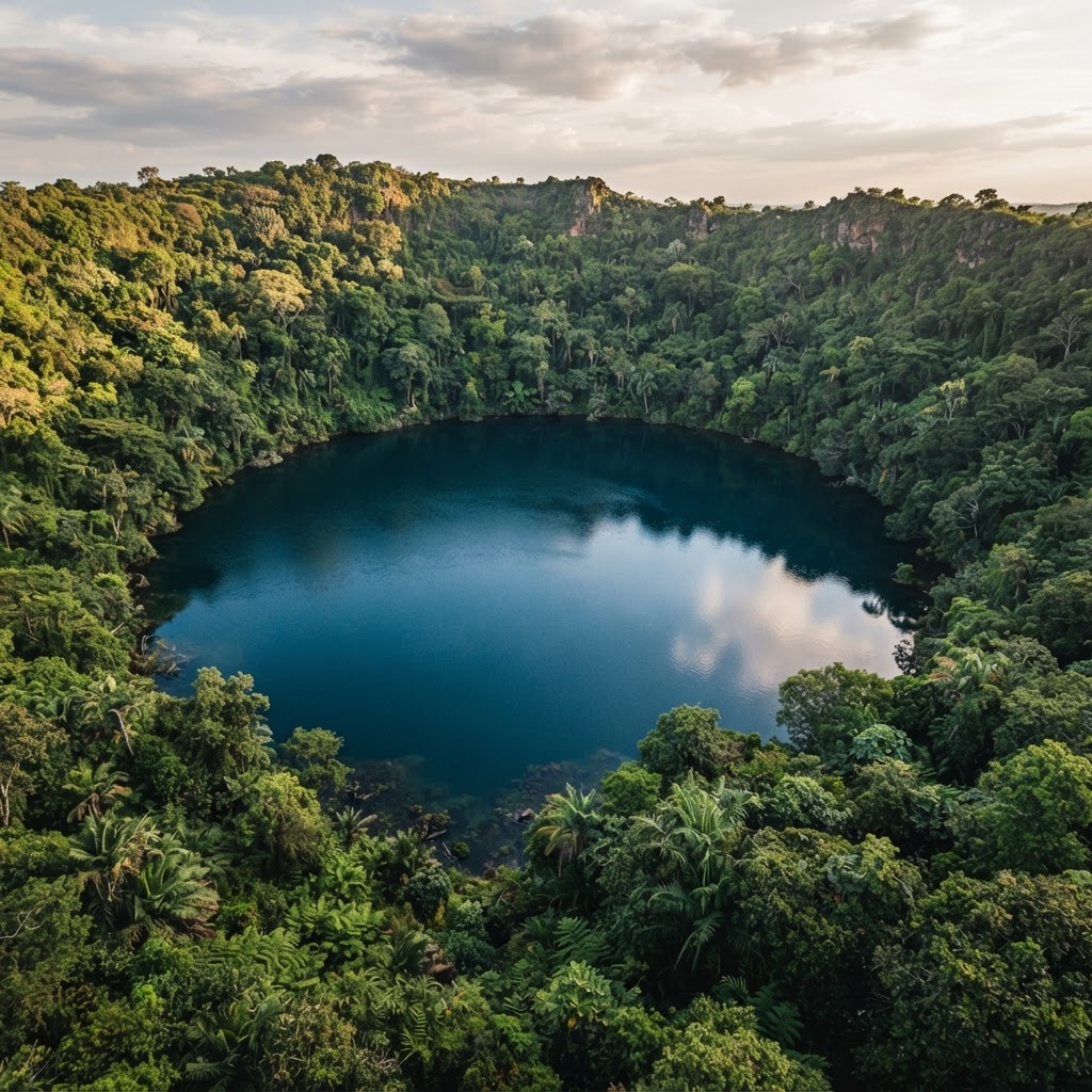 Lush crater lake inside the forested volcanic landscape of Marsabit National Park