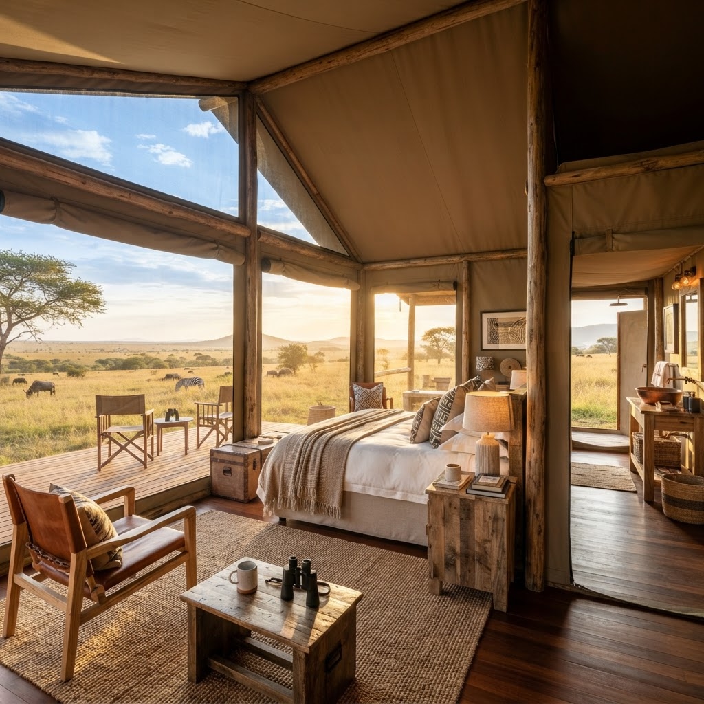 Interior of a luxury eco-friendly safari tent in the Masai Mara.
