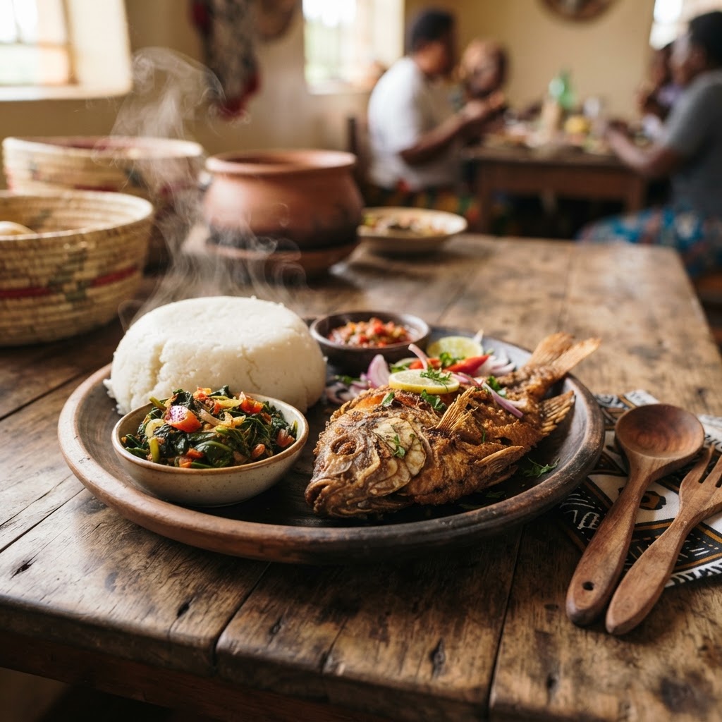 Traditional Luo cuisine: fried tilapia and ugali in Siaya