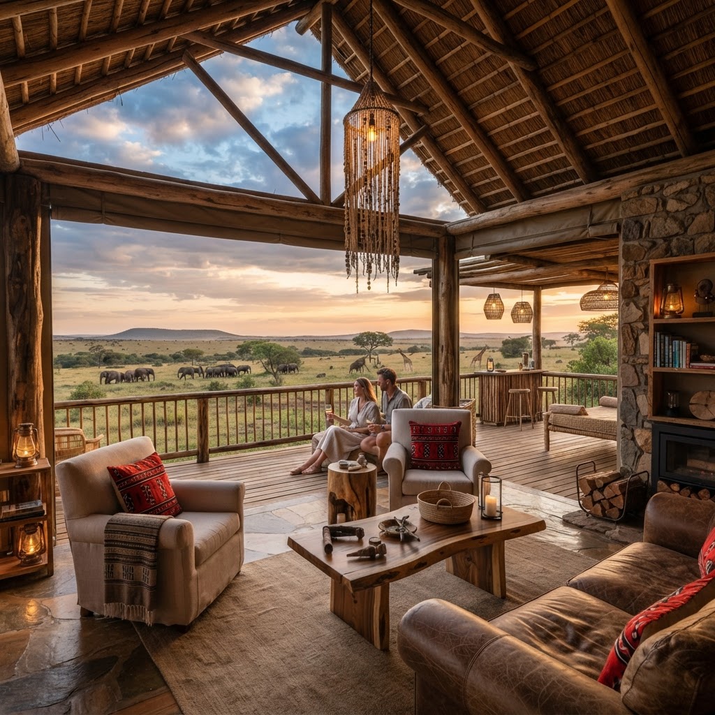 Interior of an eco-friendly luxury safari lodge in Kenya