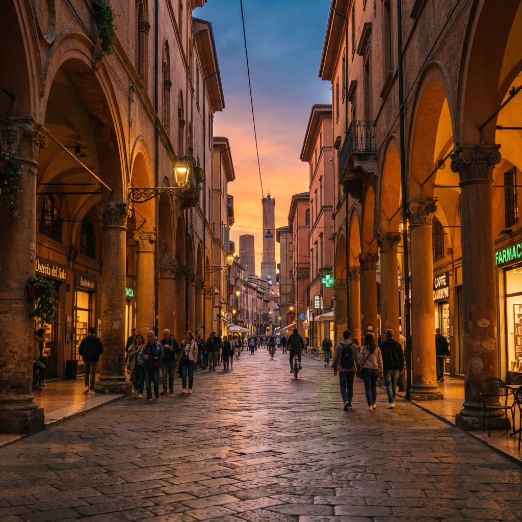 Bologna historic porticoes at sunset