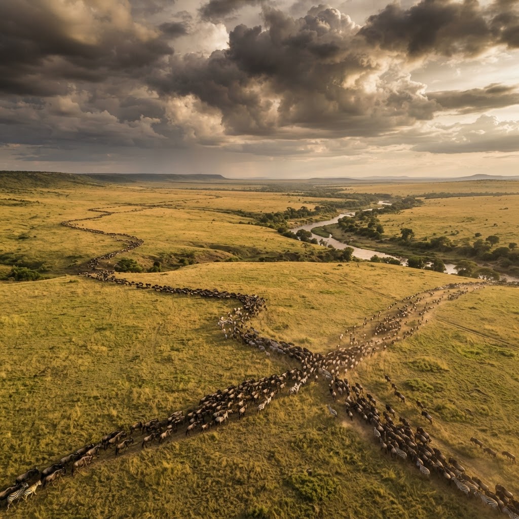 The Great Migration across the Masai Mara plains in Kenya