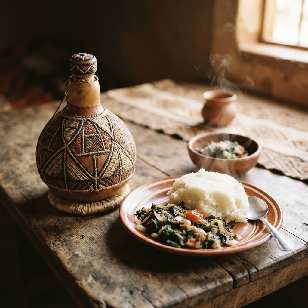 Traditional Kalenjin Mursik gourd and local food in Nandi County