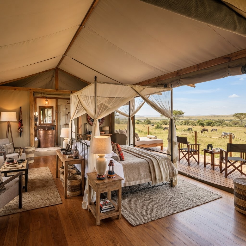 Luxury safari tent with savanna view in Maasai Mara