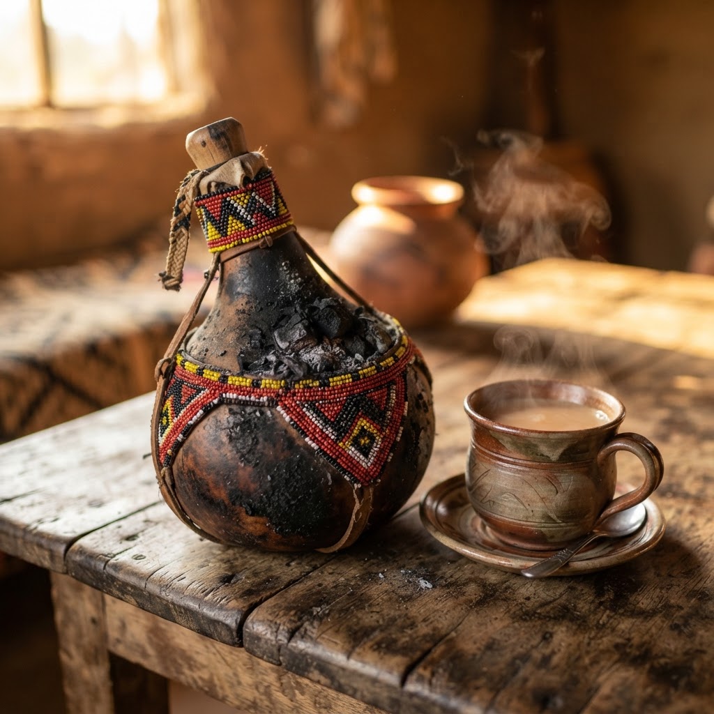 Traditional Kalenjin Mursik gourd and fresh Nandi tea on a wooden table