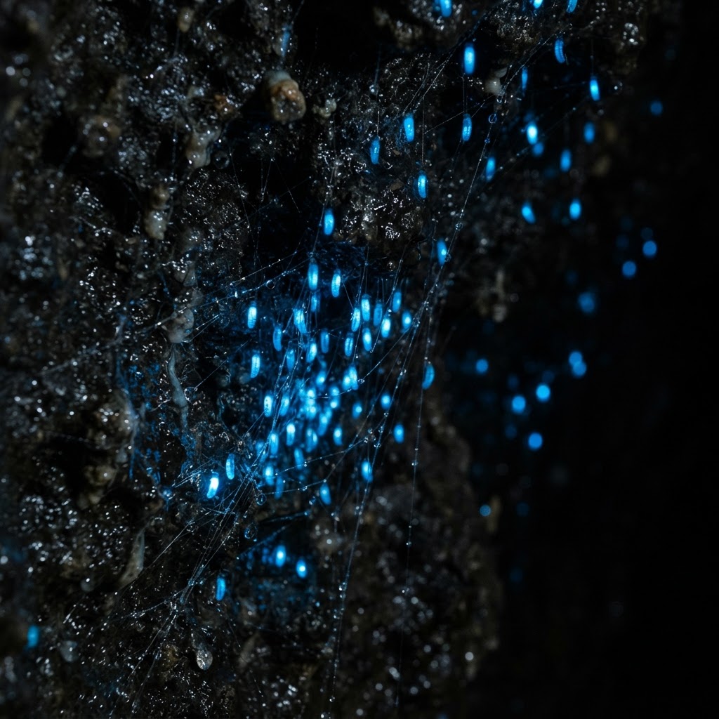 Detailed view of glowworms on the damp cave walls of Waitomo