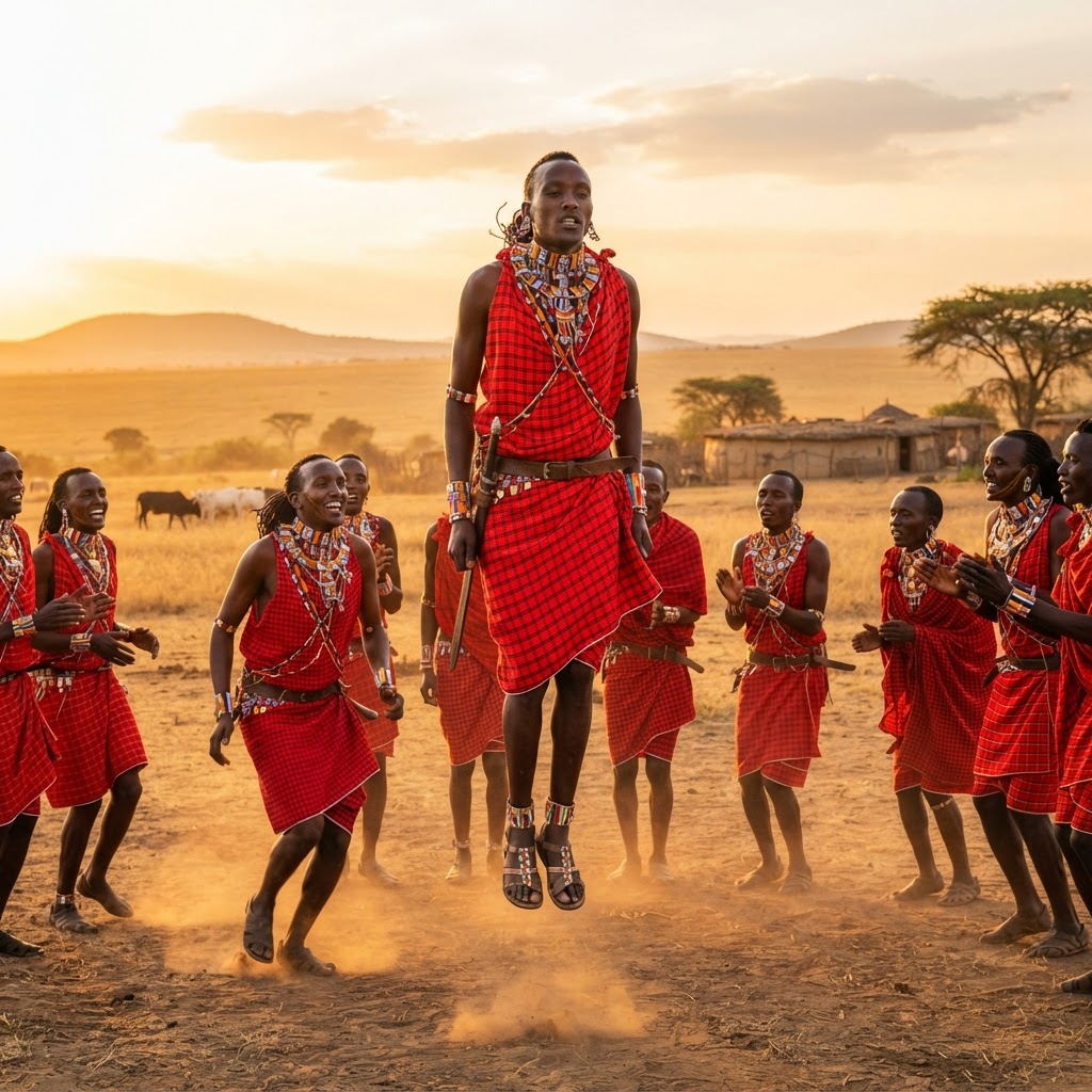 Maasai warriors performing a traditional jump dance in Kajiado County