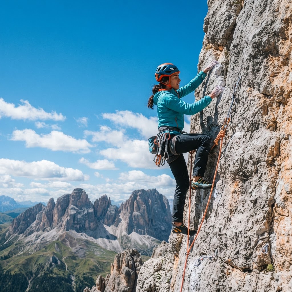 Rock climber scaling a limestone wall in the Dolomites