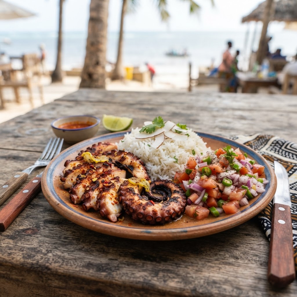 Traditional Swahili seafood cuisine in Kilifi, Kenya.
