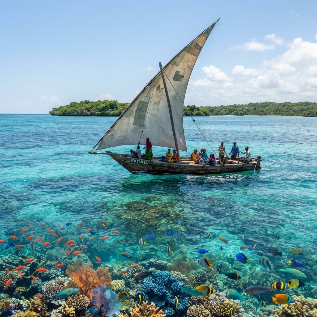 Traditional dhow boat in the waters of Kisite-Mpunguti Marine Park.