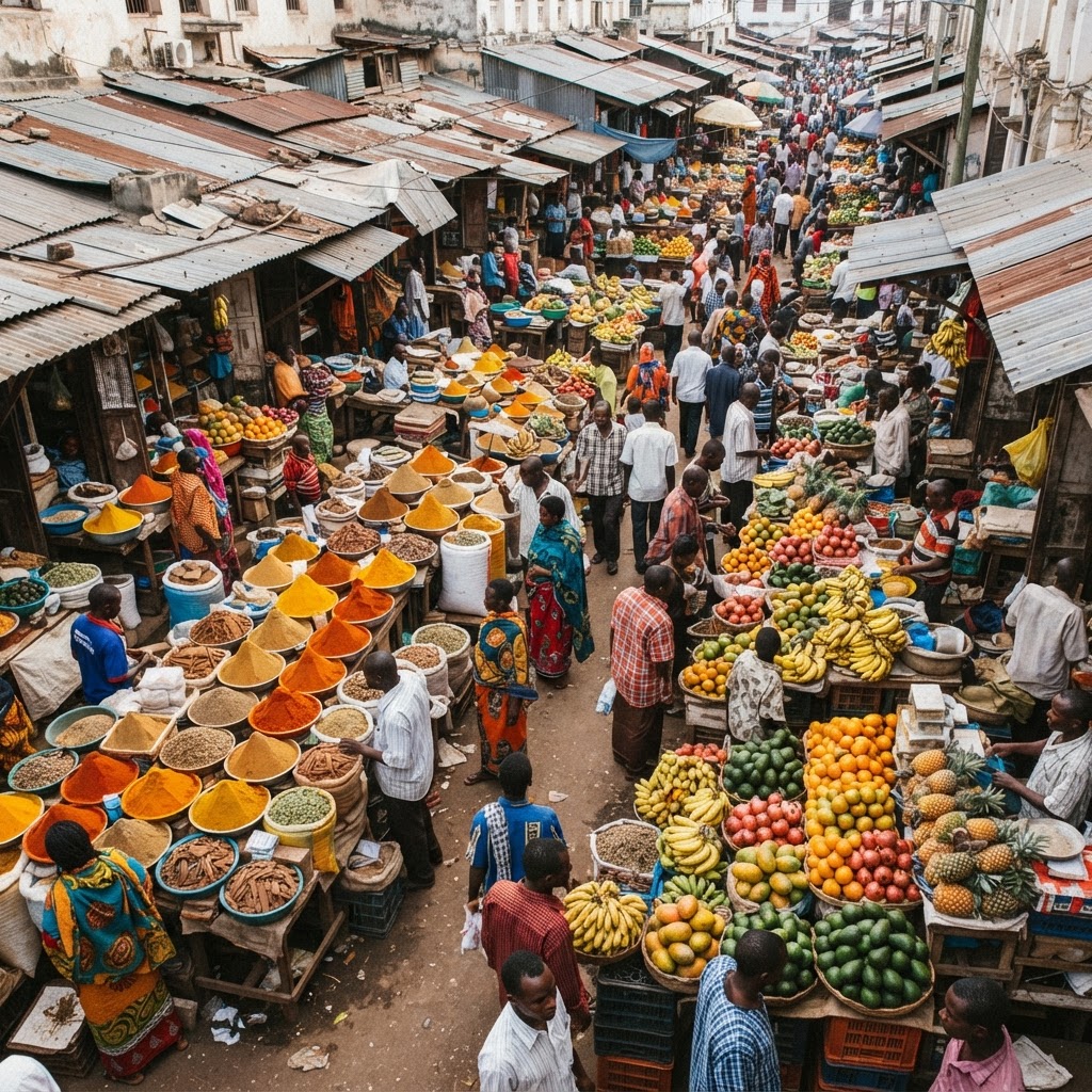 Busy market scene at Marikiti Market in Mombasa.