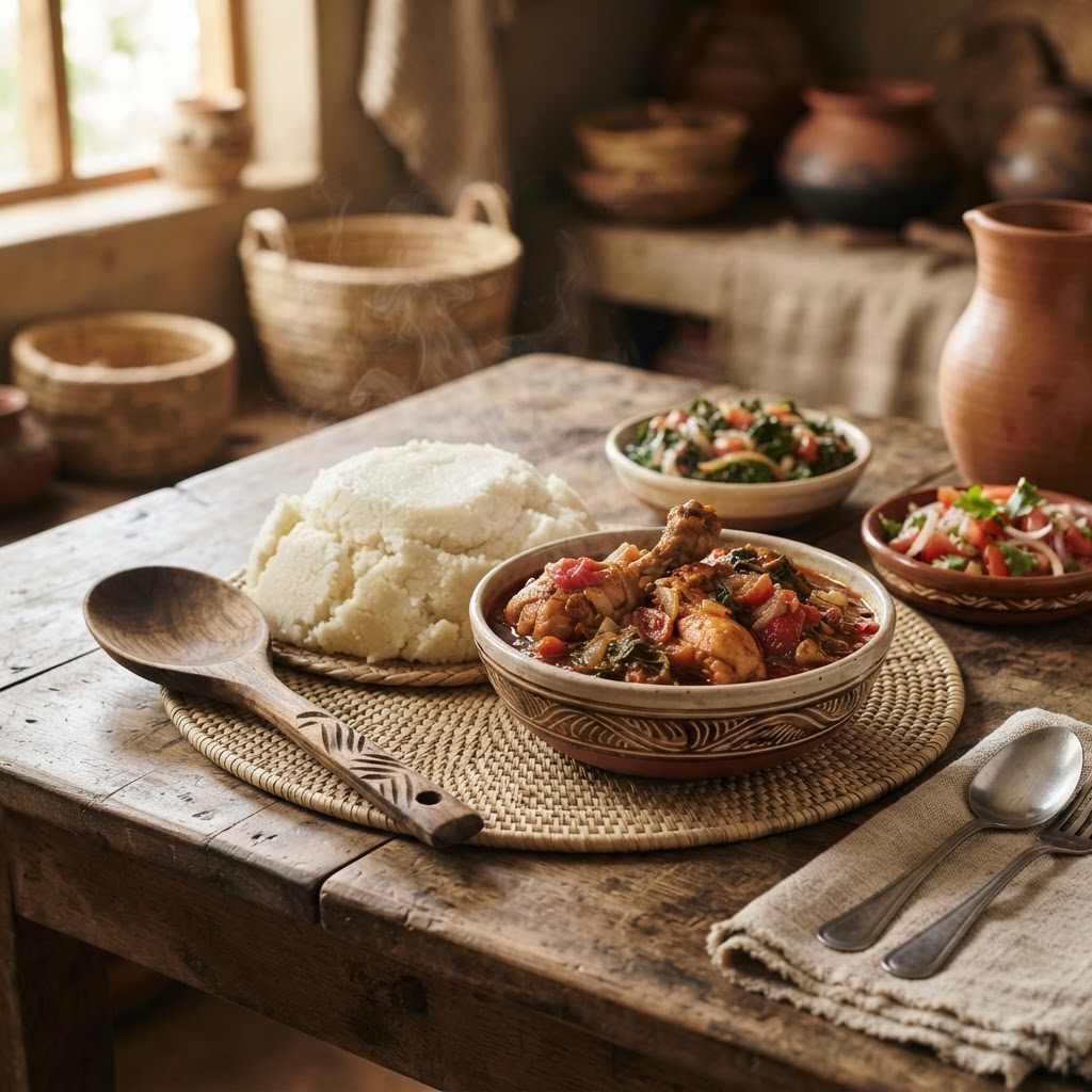 Traditional Luhya meal of Ugali and Ingokho served in Vihiga County